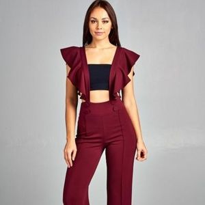 Wine Ruffle Sleeve Jumpsuit